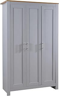 Home Source Bedroom Furniture, 3 Door Wardrobe, 5 Storage Shelves, Oak Effect Top, Grey