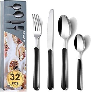 Cutlery Set, BEWOS 24-Piece Matt Black Silverware Tableware Set, Stainless Steel Flatware Set with Spoon Knife and Fork Set, Service for 6, Easy Clean & Dishwasher Safe