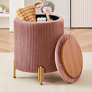 Mxfurhawa Round Ottoman Foot Stool with 23Qt Storage Velvet Footrest Stool Vanity Stool Chair Support 300lbs Modern Ottoman Coffee Table Padded Seat for Living Room Bedroom (Dusty Rose)