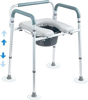 VEVOR Commode Chair, Bedside Commode with Padded Seat and Arms, 7-Level Adjustable Height, 5.8L Removable Bucket, Easy to Assemble, 350 LBS Capacity, Raised Toilet Seat for Adults Seniors