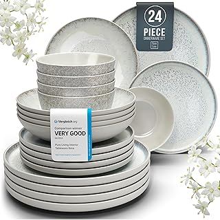 24 Piece Dinner Sets for 6 People - Beautiful Mediterranean Style Stoneware Dinner Set for 6 - Dishwasher & Microwave Safe Plates and Bowls Set for 6 - by Pure Living in Beige