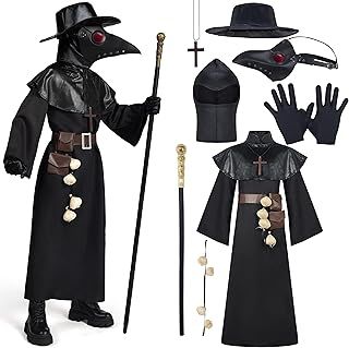 Spooktacular Creations Black Plague Doctor Costumes Set, 10 in 1 Halloween Costume Beak Mask Plague Dr Outfit for Kids