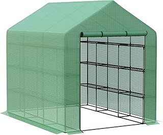 Outsunny Walk-in Greenhouse with 4 Tier 24 Shelves, Portable Grow House with Roll-up Zipped Door, 244 x 180 x 210 cm, Green