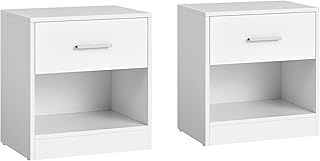 VASAGLE Bedside Tables, Set of 2, Side Table with Drawer, Handle, Open Compartment, End Table, for Bedroom, Living Room, Classic White LET819T14