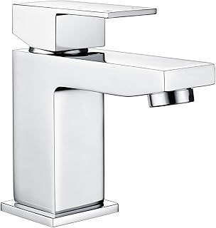 Bathroom Sink Taps Mixers Square Basin Taps, Monobloc Basin Mixer Tap 1 Hole Bathroom Taps with Hot and Cold Hoses for Bathroom, Washroom, Cloakroom, Chrome