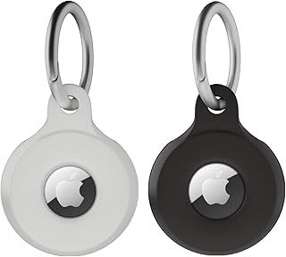 2 Pack Apple Airtag Holder Apple Airtag Keyring Airtag Tracker with Keychain, Multi-Color Protective Silicone Airtag Case Key Ring for Wallet, Dog Collar, Luggage, Keys (Black, White)