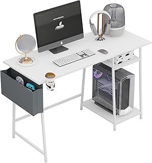 Computer Desk, 115cm White Office Desk, with Bookshelf, Corner Gaming Desk, Laptop Table Desks, Study Sit Stand Table with Metal Frame, Wood Table Desk with Floating shelves, for Bedroom, Living Room