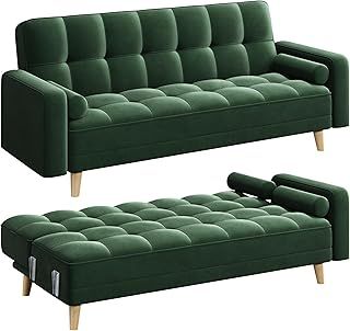 Yaheetech Modern Velvet Sofa Bed 3 Seater Click Clack Sofa Settee Recliner Couch with Wooden Legs for Living Room/Guest Room/Office Green
