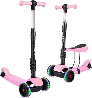 Kids Three Wheel Kick Scooter with Removable Seat, LED Flashing Wheels, Height Adjustable, 3-in-1 Lightweight Children's Scooter Boys and Girls for Aged 2-8