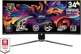 MSI MPG 341CQPX QD-OLED 34-inch Curved OLED Gaming Monitor, 3440 x 1440 (UWQHD), 0.03ms Response Time, 240Hz, HDR 400 True Black, HDMI, DP Port, USB Type C, Tilt,