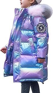 De feuilles Kids Girls Hooded Shiny Down Jacket Winter Warm Casual Quilted Puffer Coat Outerwear with Faux Fur Collar