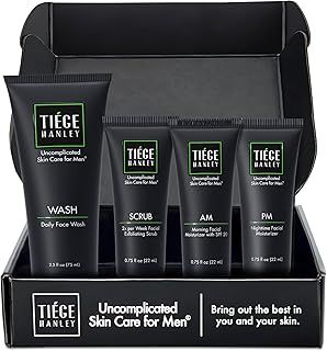 Tiege Hanley Mens Skin Care Set, Essential Skin Care Routine for Men (System Level 1) - Face Wash Kit for Fines Lines & Wrinkles - Men's Skincare Set Includes Face Wash, Facial Scrub, & Moisturizer