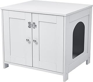 The Fellie Cat Litter Box Enclosure, Wooden Cabinet Litter Tray, Hidden Litter Box Furniture with Double Doors & Ventilation Holes, Spacious Storage, Indoor Cat House, End Table, L60*W51*H53cm, White