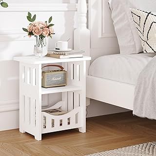 Dripex 3-Tier Side End Table with Storage Shelf Basket, White Small Bedside Table, Slim Narrow Nightstand Small Spaces for Living Room, Bedroom, Bathroom, Balcony