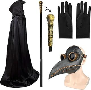 MAINOSHY 4PCS Plague Doctor Mask Props Long Nose Bird Beak Mask Steampunk Mask with Hooded Cloak, Gloves, Cane for Halloween Costume Party