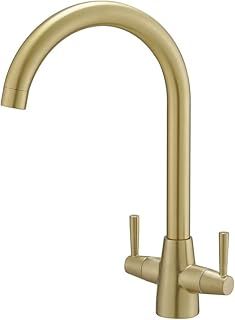 Kitchen Mixer Tap Dual Lever Swivel Spout Brushed Gold Sink Taps with UK Standard Fittings