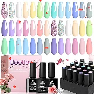Beetles Gel Nail Polish - 20 Pcs Pastel Paradise Soak Off, Nude Gray Pink Blue Glitter Gel Polish Starter Kit with Glossy Matte Top Base Gel Coat Manicure Kit