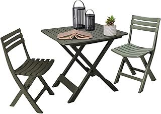 3-Piece Outdoor Camping Bistro Set – Folding Garden Table & 2 Chairs, Lightweight and Compact, Durable Polypropylene with Wood Grain Effect, Dark Forest Green