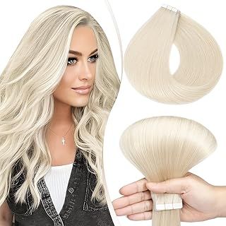 Elailite Tape in Hair Extensions Human Hair Real Human Hair 10 Pcs Invisible Thin Type - Seamless Skin Weft Remy Hair Extension (#70 Bleach White, 12 Inch-10g)