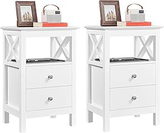 Yaheetech 2pcs Bedside Tables, White Nightstand Cabinet with X Shaped Design, Set of 2 Wooden Sofa Side Table with Drawers and Shelf for Living Room/Bedroom/Small Space, 30×40×60cm, White