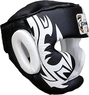 Farabi Real Leather Boxing Head Guard – Chin Saver with Adjustable Strap & Hook-and-Loop Closure | Premium Padded Headgear for MMA, Kickboxing, Muay Thai & Sparring | Tattoo Design