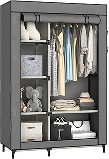 Buzowruil Canvas Wardrobe Portable Closet Wardrobe Clothes Storage with 6 Shelves and Hanging Rail,Non-Woven Fabric, Quick and Easy Assembly,Black