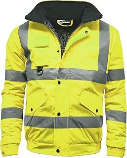 Stormway Mens Hi Vis High Visibility Viz Safety Security Reflective Protective Waterproof Two Tone Windproof Padded Workwear Bomber Jacket With Concealed Hood Orange, Yellow, Black and Contrast.
