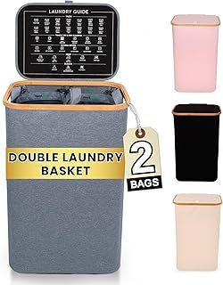 Nest Zest 100L Double Laundry Basket with Lid, 2 Compartments to Sort Washing, Hamper Laundry Bin with Care Guide & 2 Removable Inner Bags, Dirty Clothes Basket with Bamboo Rim Oxford Fabric (Grey)