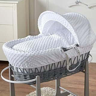 For Your Little One Grey Wicker Moses Basket – White Dimple Bedding | Newborn Baby Bassinet with Hood & Mattress | Portable Baby Bed for Infant Sleep