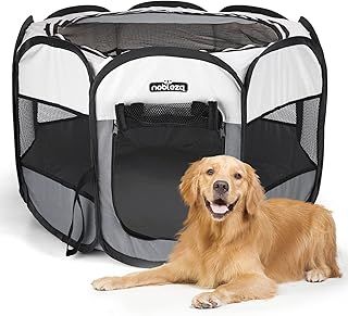 Nobleza Pet Playpen Portable Foldable Dog Cat Play Pen Indoor Outdoor Pet Fence Breathable Mesh Pet Carrier Kennel Soft Cage Tent for Puppy Rabbit Hamster Guinea Pig, Beige and Gray, 49"x49"x22"