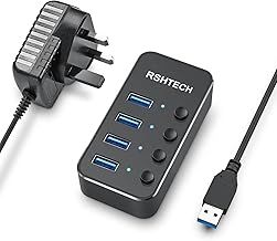 RSHTECH Powered USB Hub Aluminum 4-port USB 3.0 Hub with 5V/2A Power Supply and Individual On/Off Switch (Black)