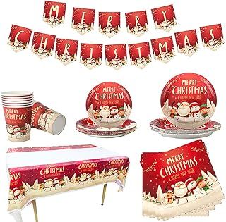 Christmas Tableware Set for 16 Guests - Decoration Paper Dinnerware With Xmas Banner, Tablecloth, Napkin, Plates and Cups for Party Supplies and Decorations