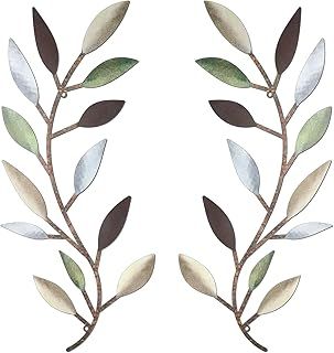 Zhengmy 2 Pieces Metal Tree Leaf Wall Decor Vine Olive Branch Leaf Wall Art Wrought Iron Scroll Above The Bed, Living Room, Outdoor Decoration (Colorful)