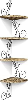 Alsonerbay Corner Shelf Wall Mount of 4 Tier Rustic Wood Floating Shelf Cat Shape Metal Stand for Bedroom Living Room Bathroom Kitchen Office and More Carbonized Black