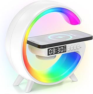 Sunrise Alarm Clock Wake Up Light with Bluetooth Speaker, Wireless Charger, Bedside Night Lamp with Snooze Function, Dimmable Night Light, RGB Color Changing, Atmosphere Lamp for Bedroom (White)
