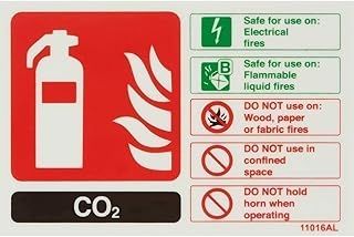 V Safety 11016AL-G Glow In The Dark Co2 Id Fire Extinguisher Sign - 150mm x 100mm - Rigid Plastic, Black/Green/Red