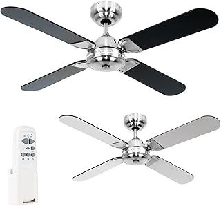 MiniSun 42" Metal Brushed Chrome Modern Propeller Design Ceiling Fan with 4 x Black Blades & a Handy Remote Control