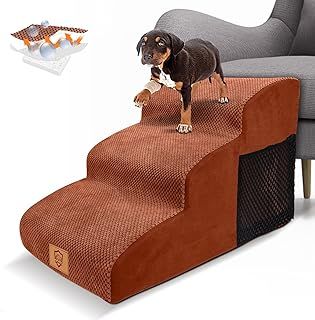 Myiosus Dog Steps for Bed, Foam Dog Stairs for Small or Large Dogs, Soft & Non-Slip Pet Ramp for Sofa with Removable Washable Cover, 3 Steps for Dogs and Cats, 57 x 40 x 40 cm