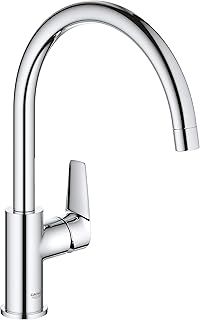 GROHE BauEdge – Single Lever Kitchen Mixer Tap (Monobloc Installation, High Spout, Swivel Area 360˚, 28 mm Ceramic Cartridge, Tails 3/8 inch), Easy Installation, Size 332 mm, Chrome, 31367001