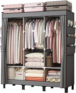 LOEFME Canvas Wardrobe 172 * 130 * 45cm, for Bedroom, New Base Design Wardrobes with 2 Hanging Rails and 18 Side Bags, Fabric Closet, Cheap Folding Wardrobe, Grey