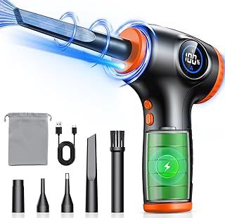 Compressed Air Duster for PC, [LED Light & Power Display] 3-Speed Adjustable 90000RPM Electric Air Duster with 5 Switchable Nozzles, Rechargeable Air Blower Cleaner for Computer/Keyboard/Car