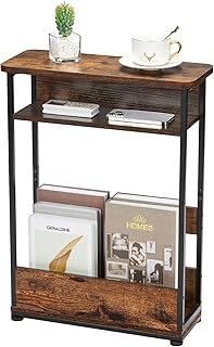 YEAKOO Narrow Side Table for Narrow and Small Spaces, Skinny Bedside Table Small Nightstand with Magazine Rack Space Saving (Rustic Brown, M)