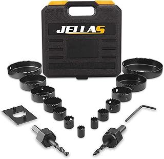 Hole Saw Kit, JELLAS 19Pcs 19mm-127mm Hole Cutter Set(Include 25 and 38mm) in Hard Box, 2 Mandrels, 1 Installation Plate, 1 Hex Key, Durable and Cut Precise Holes for Soft Wood, PVC Board and Plastic