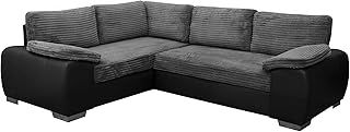 ENZO - CORNER SOFA BED WITH STORAGE - JUMBO CORD FABRIC LEATHER - LEFT HAND SIDE ORIENTATION (GREY AND BLACK)