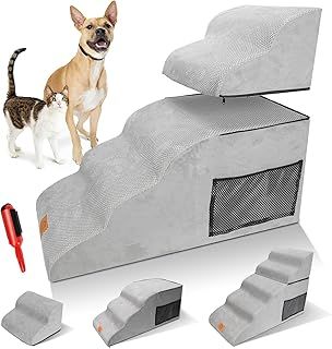 Dog Steps, 5-Step Detachable Dog Steps for Bed Sofa Couch, High-Density Foam Pet Stairs with Removable Washable Cover, Suitable for Small Dogs, Cats and Elder Pets, 80x40x60cm, 2/3/5 Steps
