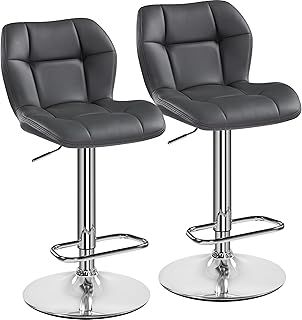 Yaheetech Bar Stools Set of 2, PU Leather Breakfast Bar Chairs, Swivel Height Adjustable Barstools, Counter Stools with Backrest for Home Kitchen Bar Restaurant, Grey