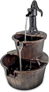 20890 2-Tier Barrel Water Fountain With Pump/Traditional Rustic Wood Effect/Self Contained Water Pump / 67cm x 41cm