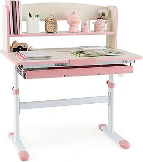 Kids Desk, Height Adjustable Study Table with 7-Level Tiltable Desktop, Pull Out Drawer, Book Stand & Ruler, School Home Children Writing Desk for 3-12 Years Old Boys Girls (Pink)