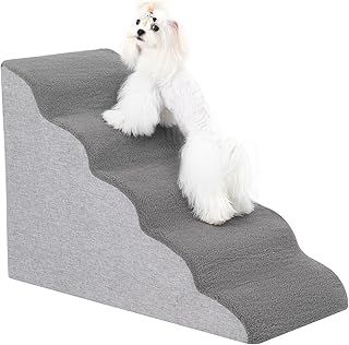 Dog Stairs for Small Dogs- Dog Steps Stairs Ramps for High Bed Couch, High Density Foam Pet Steps Stairs for Dogs to Get on Bed, 5 Tiers Cat Doggy Steps Ramps for Joint Pain Dog(Gray)