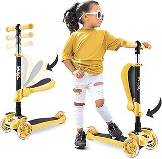 Hurtle 3-Wheel Try Scooter for Kids - Ages 2-12, Flip-able Seat, Foldable, Flashing Lights, Adjustable Height